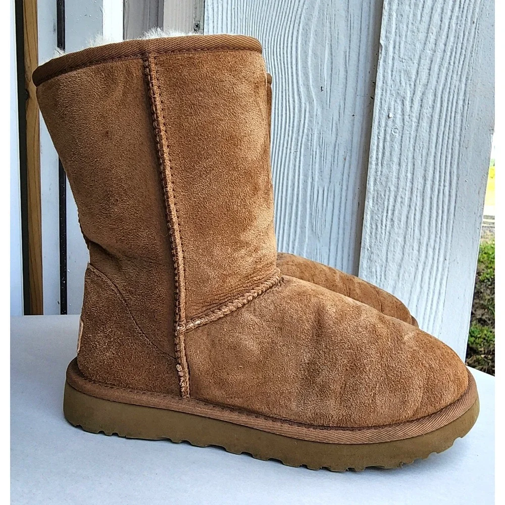 UGG Sz 7 Y2K Chestnut Suede Classic Short Boots Mid Calf Pull On Early 2000s